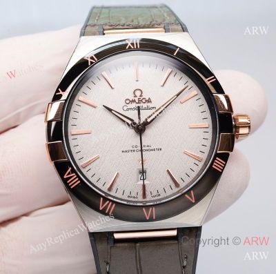 High Quality Replica OMEGA Constellation 2-Tone Imported Rubber Strap White Face Dial Black 316L Stainless Steel Case Watch 41*11mm